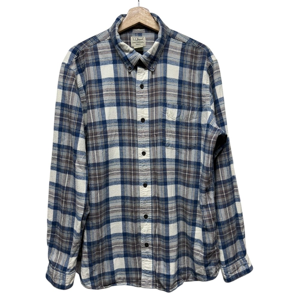 LL Bean Flannel Shirt Men Sz L Button Down Blue Brown Plaid Slim Fit Long Sleeve